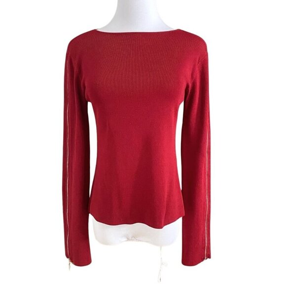 KAREN MILLEN BURGUNDY STRETCH KNIT LONG ZIPPED SLEEVE TEE TOP - 2 - Picture 1 of 7